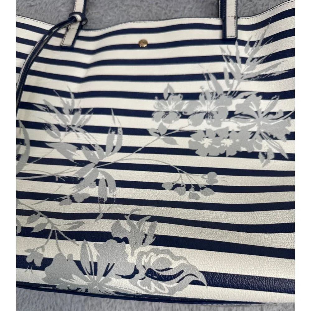 Tommy Bahama Floral Stripe Tote W/Pouch Navy White Faux Leather Travel Beach 90s - Picture 6 of 16